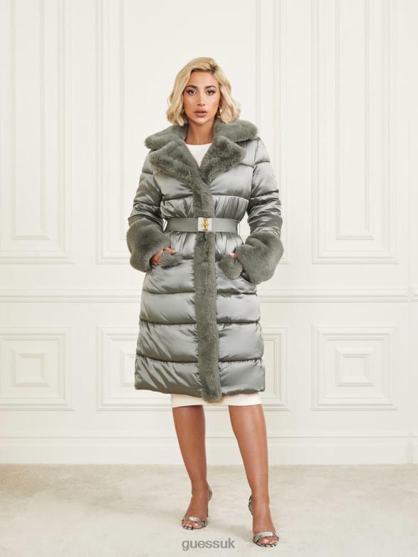 GUESS Women Bessie Long Puffer Coat General Brown Multi Apparel V28V61907