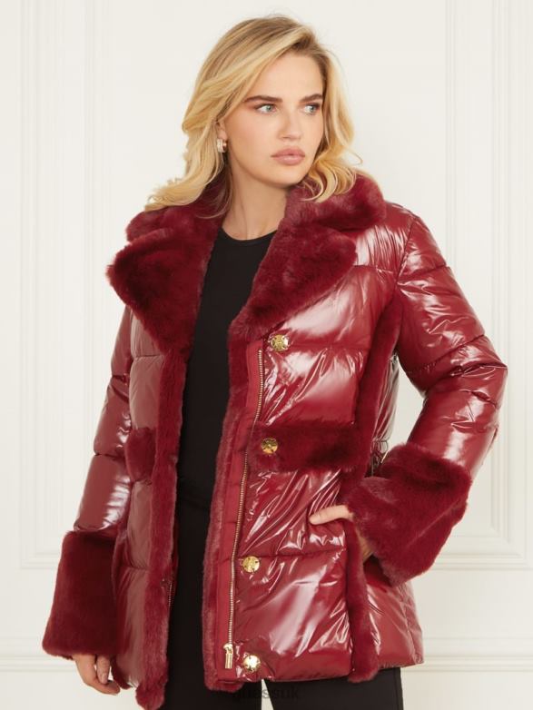 GUESS Women Bessie Puffer Coat Dark Jam Red Apparel V28V61975