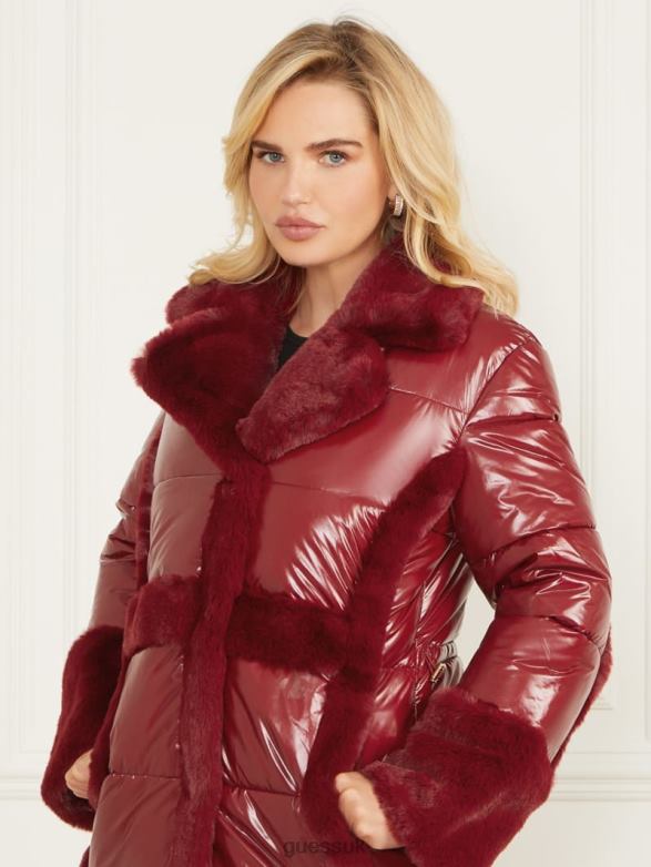 GUESS Women Bessie Puffer Coat Dark Jam Red Apparel V28V61975
