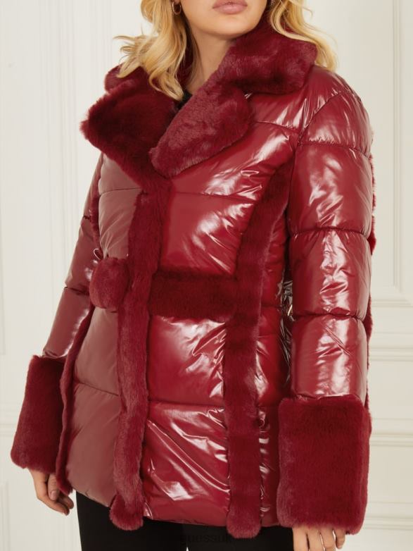 GUESS Women Bessie Puffer Coat Dark Jam Red Apparel V28V61975