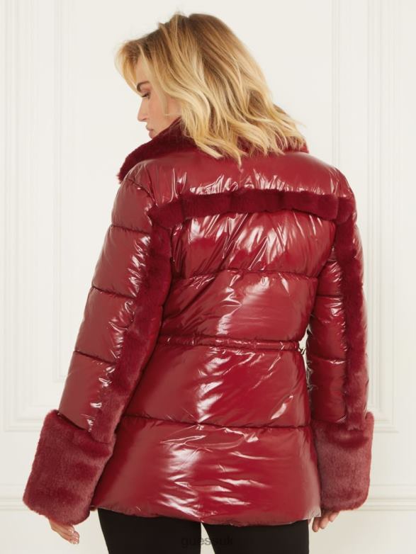 GUESS Women Bessie Puffer Coat Dark Jam Red Apparel V28V61975