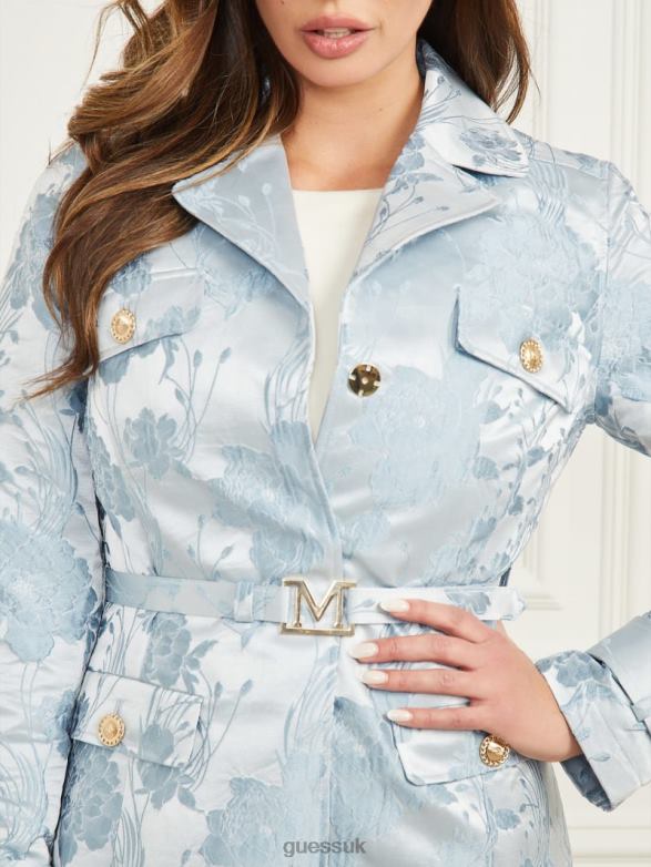 GUESS Women Golden Floral Trench Coat Soft Blue Flower Jacquard Apparel V28V61824