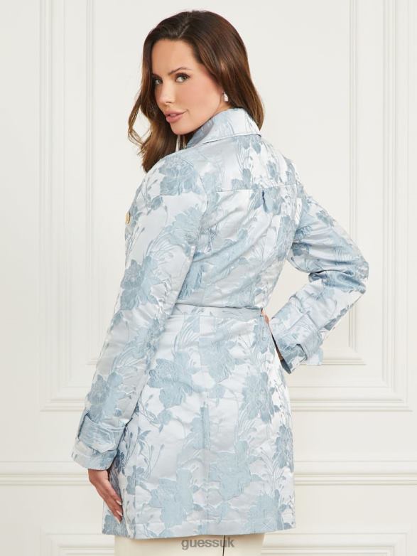 GUESS Women Golden Floral Trench Coat Soft Blue Flower Jacquard Apparel V28V61824