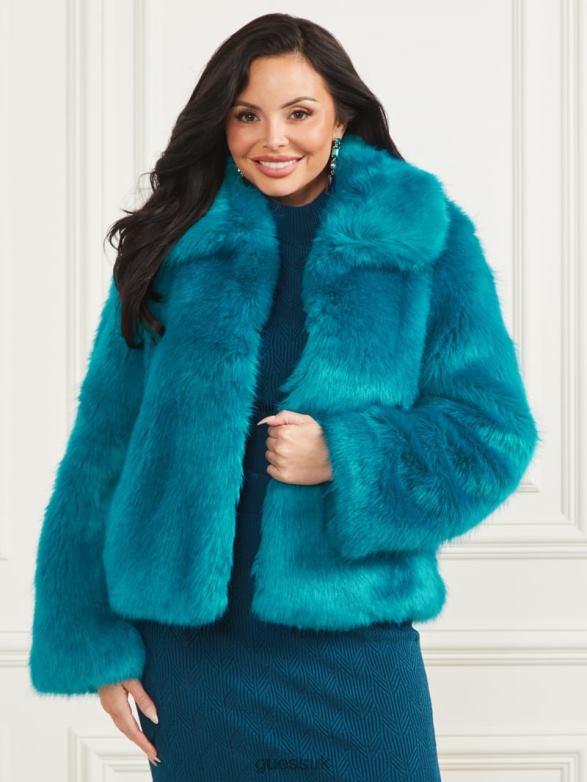 GUESS Women Gwenda Faux-Fur Jacket Bermuda Blue With Darker Apparel V28V61832