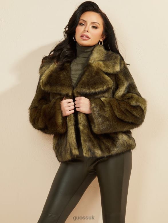 GUESS Women Gwenda Faux-Fur Jacket Lancer Green Multi Apparel V28V61928