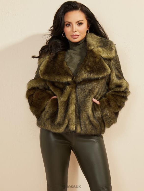 GUESS Women Gwenda Faux-Fur Jacket Lancer Green Multi Apparel V28V61928
