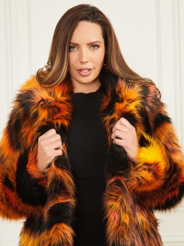 GUESS Women Kierra Faux-Fur Coat Night Animal Jacquard Apparel V28V61927