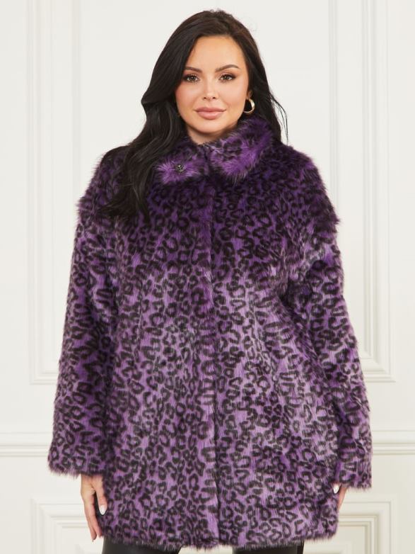 GUESS Women Larissa Faux-Fur Coat Satellite Purple & Black Apparel V28V61880