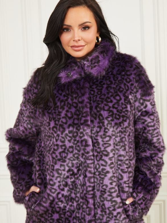 GUESS Women Larissa Faux-Fur Coat Satellite Purple & Black Apparel V28V61880