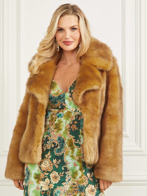 GUESS Women New Gwenda Faux-Fur Jacket Camel Apparel V28V61896