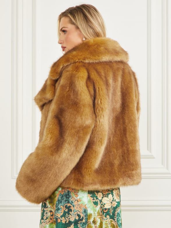 GUESS Women New Gwenda Faux-Fur Jacket Camel Apparel V28V61896
