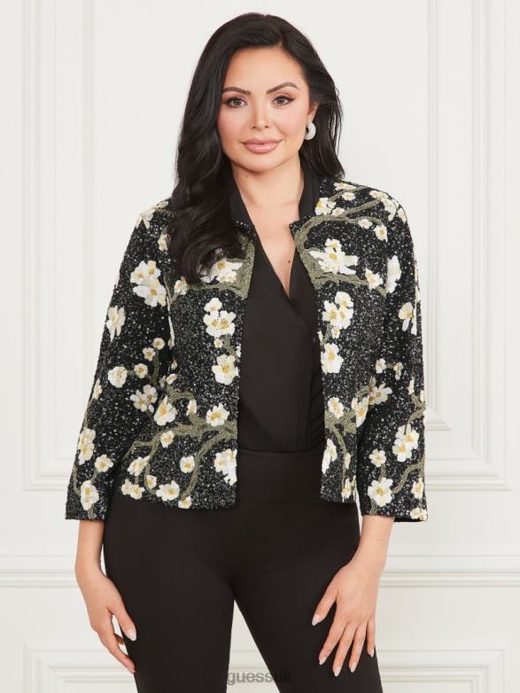 GUESS Women Precious Embroidered Sequin Jacket Blossom Black Cave Apparel V28V61874