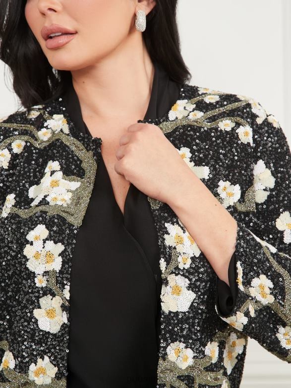 GUESS Women Precious Embroidered Sequin Jacket Blossom Black Cave Apparel V28V61874