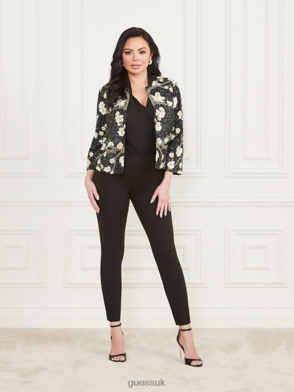 GUESS Women Precious Embroidered Sequin Jacket Blossom Black Cave Apparel V28V61874