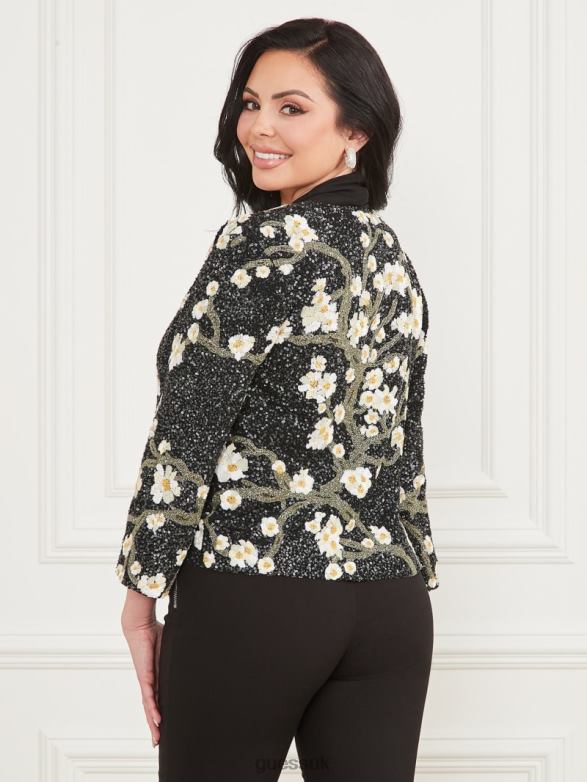 GUESS Women Precious Embroidered Sequin Jacket Blossom Black Cave Apparel V28V61874