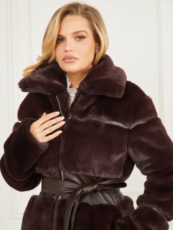 GUESS Women Rosetta Faux-Fur Coat Dark Roast Multi Apparel V28V61856