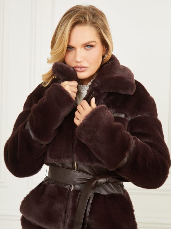 GUESS Women Rosetta Faux-Fur Coat Dark Roast Multi Apparel V28V61856