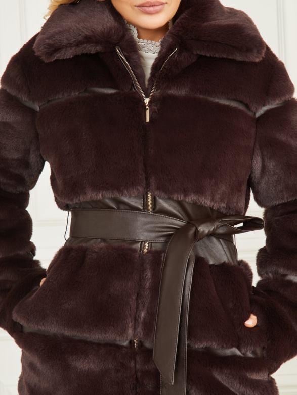 GUESS Women Rosetta Faux-Fur Coat Dark Roast Multi Apparel V28V61856