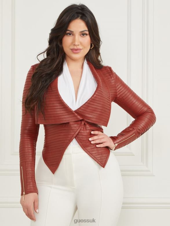 GUESS Women Shayna Drape Leather Jacket Dark Jam Red Apparel V28V61913