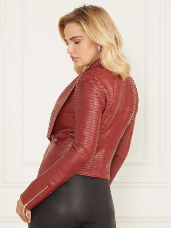 GUESS Women Shayna Drape Leather Jacket Dark Jam Red Apparel V28V61913