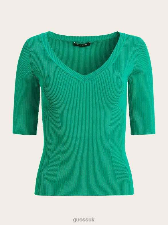 GUESS Women Aretha Ribbed Sweater Top Classic Emeral Apparel V28V61196