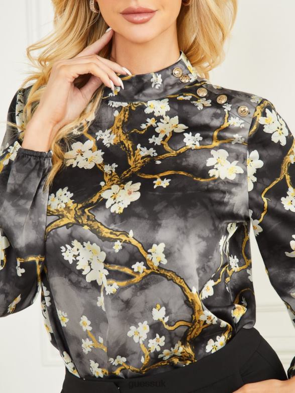 GUESS Women Blossom Blouse Blossom Black Cave Print Apparel V28V61457