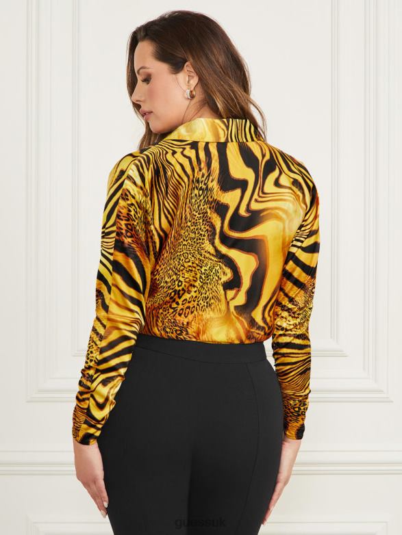 GUESS Women Long-Sleeve Bodysuit Golden Sunset Print Apparel V28V61252