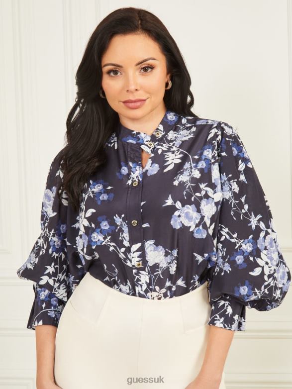GUESS Women Petal Pose Yvonne Blouse Petal Pose Indigo Apparel V28V61718