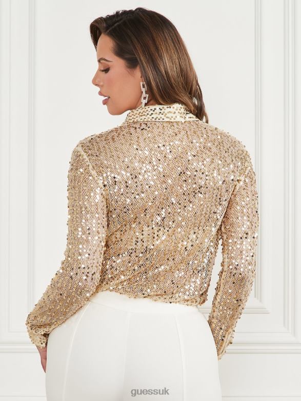GUESS Women Sequin Dreams Blouse Pale Pearl Multi Apparel V28V6942