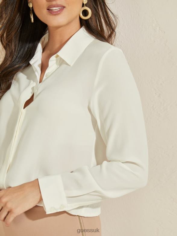 GUESS Women The Silk Icon Blouse Pale Pearl Apparel V28V61159