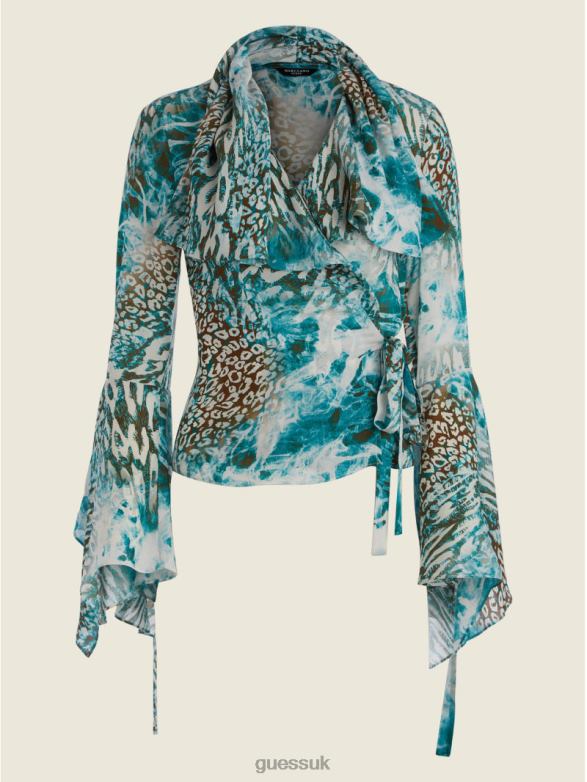 GUESS Women Willow Blouse Underwater Love Teal Apparel V28V61525