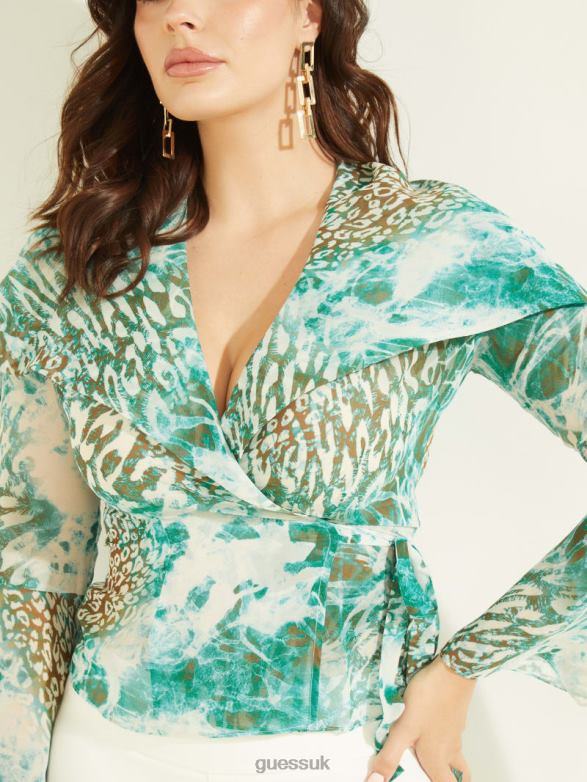 GUESS Women Willow Blouse Underwater Love Teal Apparel V28V61525