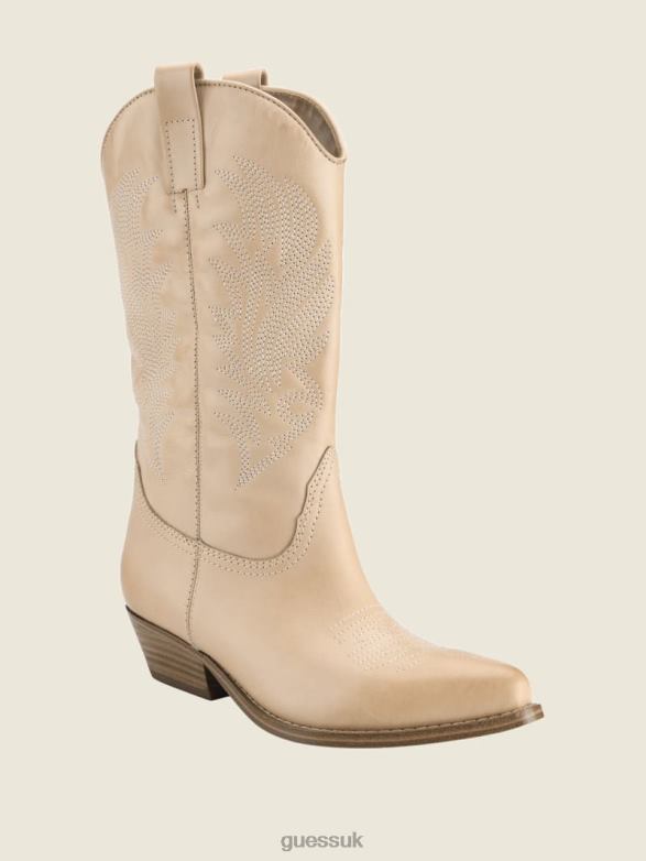 GUESS Women Gallen Leather Cowgirl Boots Medium Natural 101 Footwear V28V63509