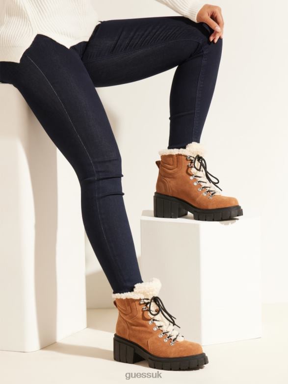 GUESS Women Kiele Sherpa-Lined Hiker Boots Chestnut Brown Footwear V28V63538