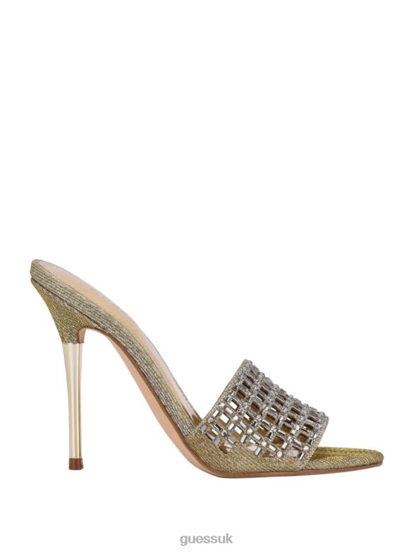 GUESS Women Mably Rhinestone Cage Strap Heels Gold Footwear V28V63434