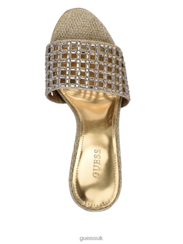 GUESS Women Mably Rhinestone Cage Strap Heels Gold Footwear V28V63434