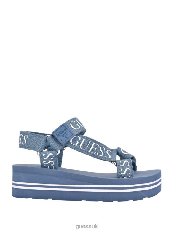 GUESS Women Avin Logo Strap Platform Sandals Medium Blue Fabric Footwear V28V63493