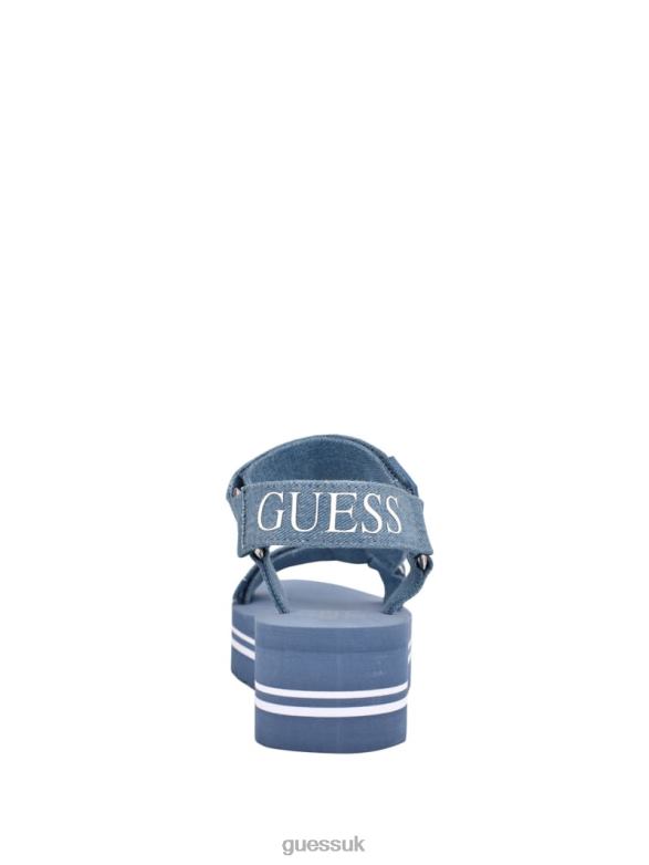 GUESS Women Avin Logo Strap Platform Sandals Medium Blue Fabric Footwear V28V63493