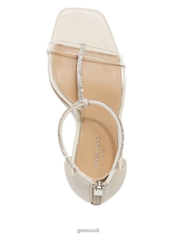 GUESS Women Olivia T-Strap Rhinestone Stiletto Sandal Paper Footwear V28V63450