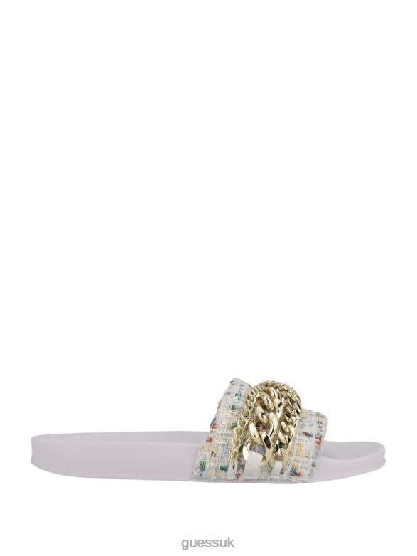 GUESS Women Salema Chain Tweed Pool Slides Panna Footwear V28V63504