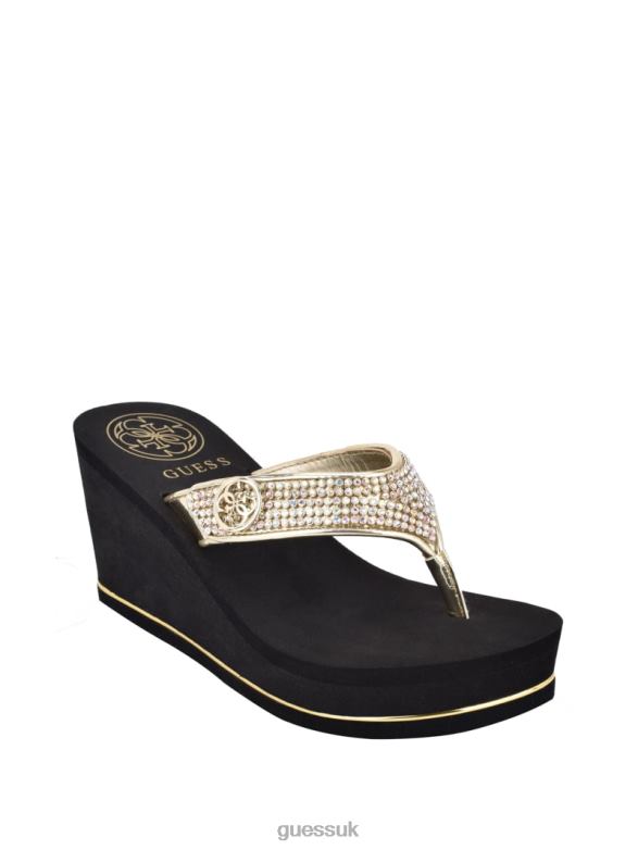 GUESS Women Sarraly Logo Wedge Flip-Flops Gold Multi Footwear V28V63479
