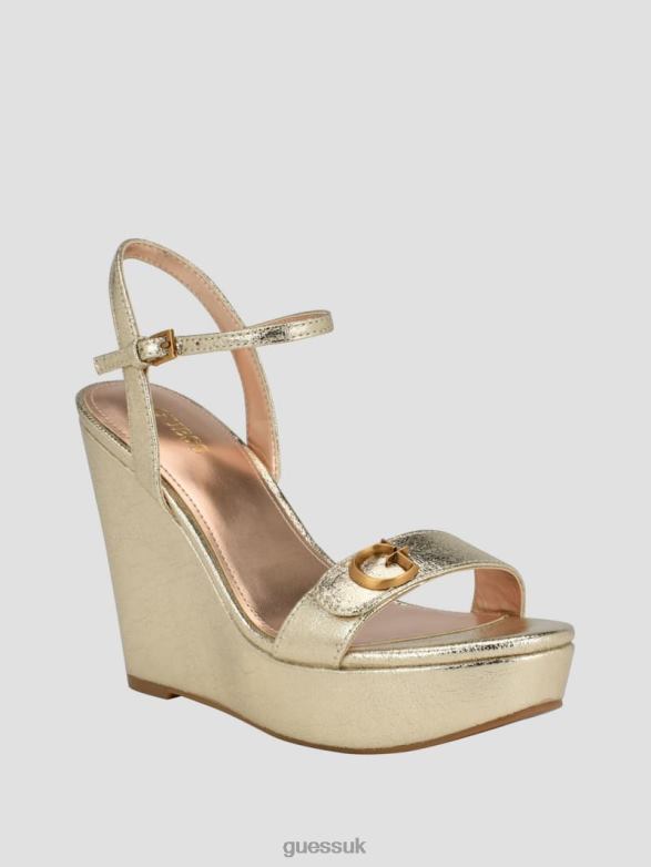 GUESS Women Whimifa Shimmer Metallic G Wedge Sandals Gold Footwear V28V63468