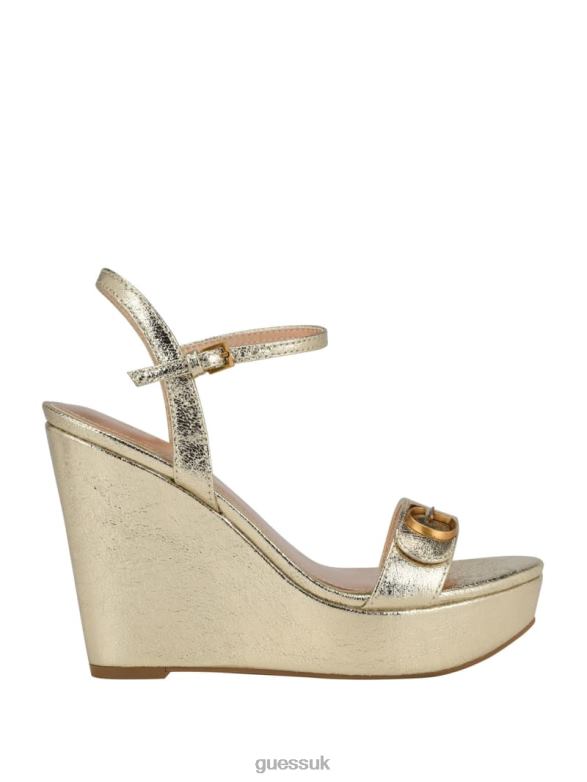 GUESS Women Whimifa Shimmer Metallic G Wedge Sandals Gold Footwear V28V63468