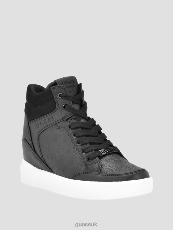 GUESS Women Blairin Rhinestone Logo Wedge Sneakers Black Leather Footwear V28V63341