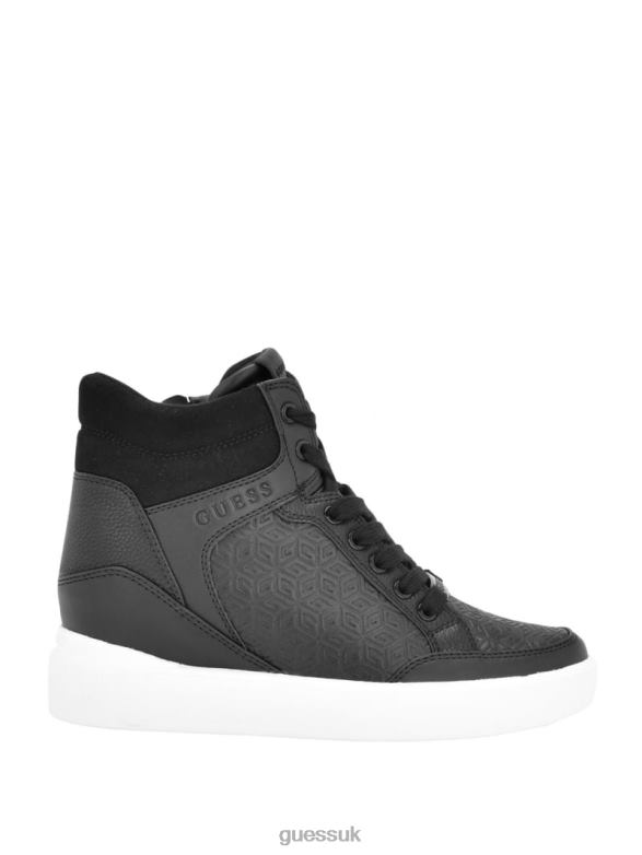 GUESS Women Blairin Rhinestone Logo Wedge Sneakers Black Leather Footwear V28V63341