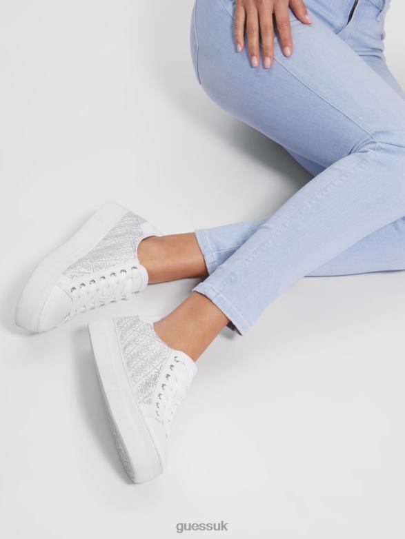GUESS Women Gelsen Rhinestone Logo Low-Top Sneakers Silver 040 Footwear V28V63343