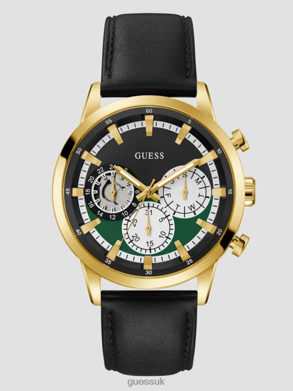 GUESS Men Leather Multifunction Watch Gold-Tone and Black Accessory V28V63564