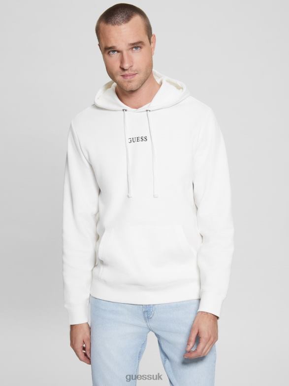 GUESS Men Eco Roy Embroidered Logo Hoodie Frosted White Apparel V28V64051