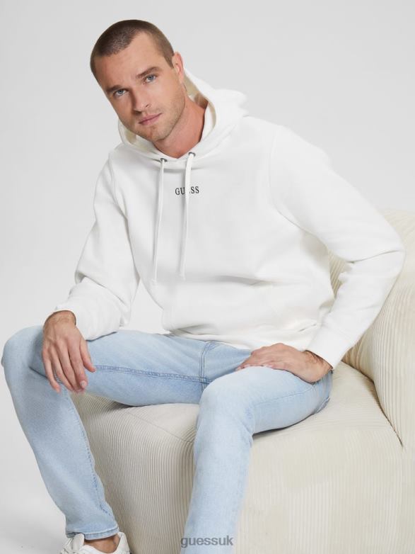 GUESS Men Eco Roy Embroidered Logo Hoodie Frosted White Apparel V28V64051