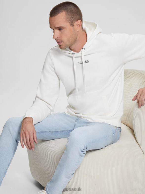 GUESS Men Eco Roy Embroidered Logo Hoodie Frosted White Apparel V28V64051